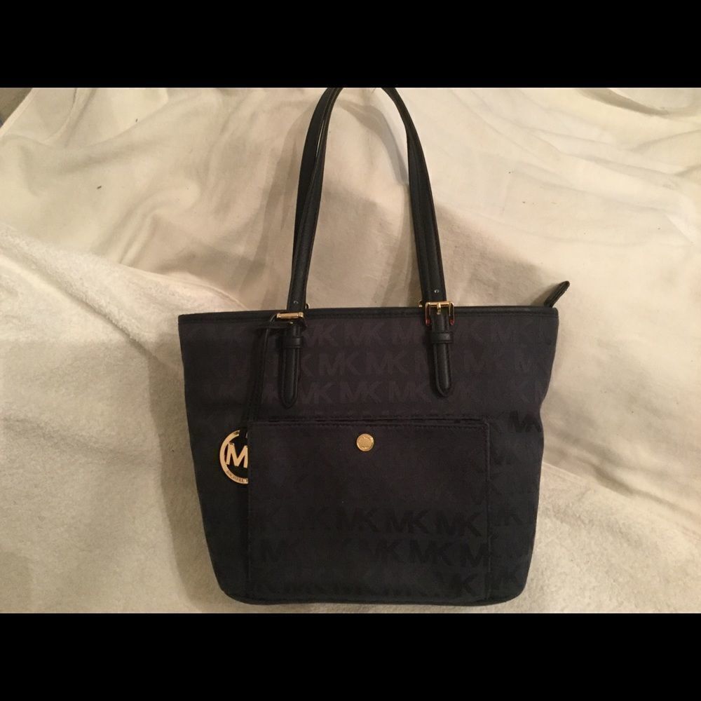 Michael Kors Jacquard Tote Bag Navy Blue Leather